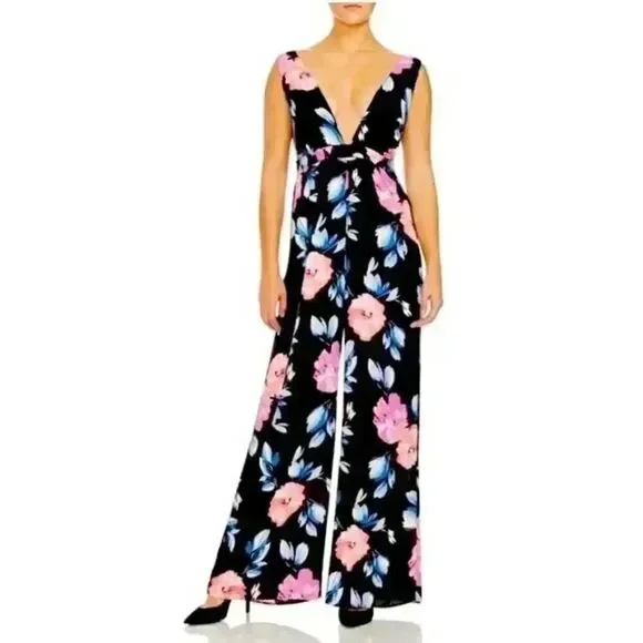 Aqua Women's Black Poly Bright Floral Deep V Front & Back Sleeveless Jumpsuit Ro - Picture 2 of 13